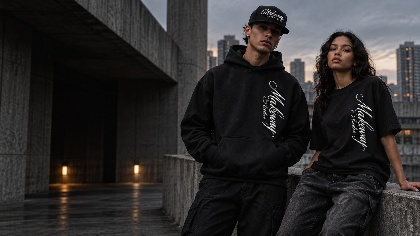 Models wearing Makeway Studio Drop 001